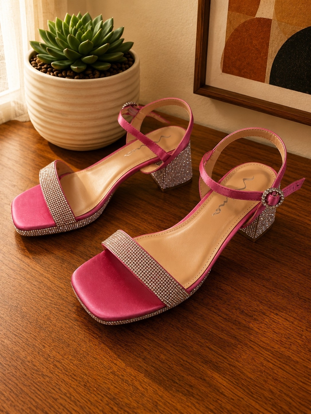 Nina Pink Rhinestone Block Heel Sandals Kids Size 5M